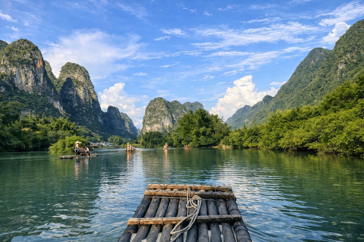 Bamboo rafting on the Li River near Guilin, China