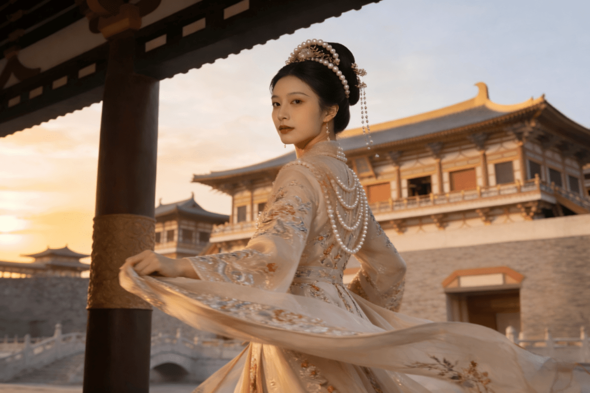 Woman wearing traditional Chinese hanfu twirls gracefully in a historic palace courtyard at sunset.