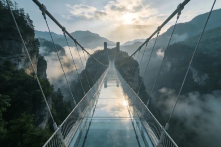 A glass-bottom suspension bridge stretching across dramatic mountain cliffs, surrounded by mist and clouds at sunrise, with forested peaks in the background.