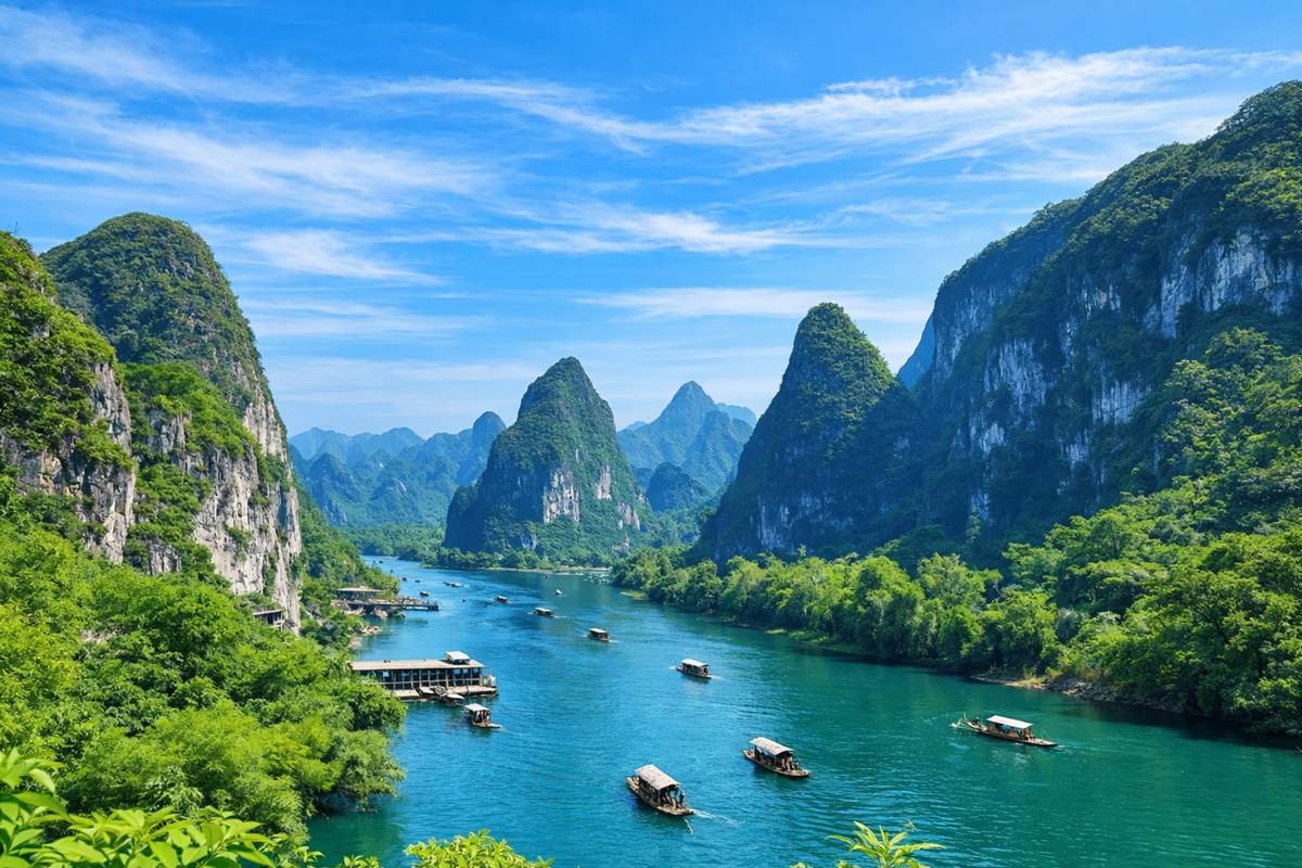 Li River cruise through karst mountains from Guilin toward Yangshuo