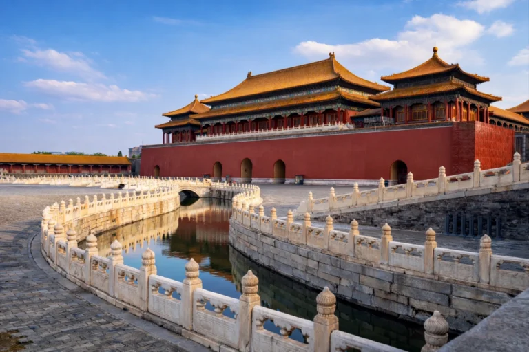 A high-resolution view of the Forbidden City in Beijing, featuring red palace walls, golden roofs, white marble bridges, and a tranquil moat under a clear blue sky