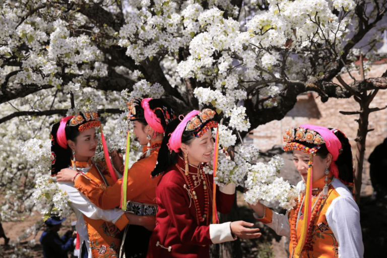 Four women wearing traditional ethnic costumes standing beneath a tree full of white blossoms