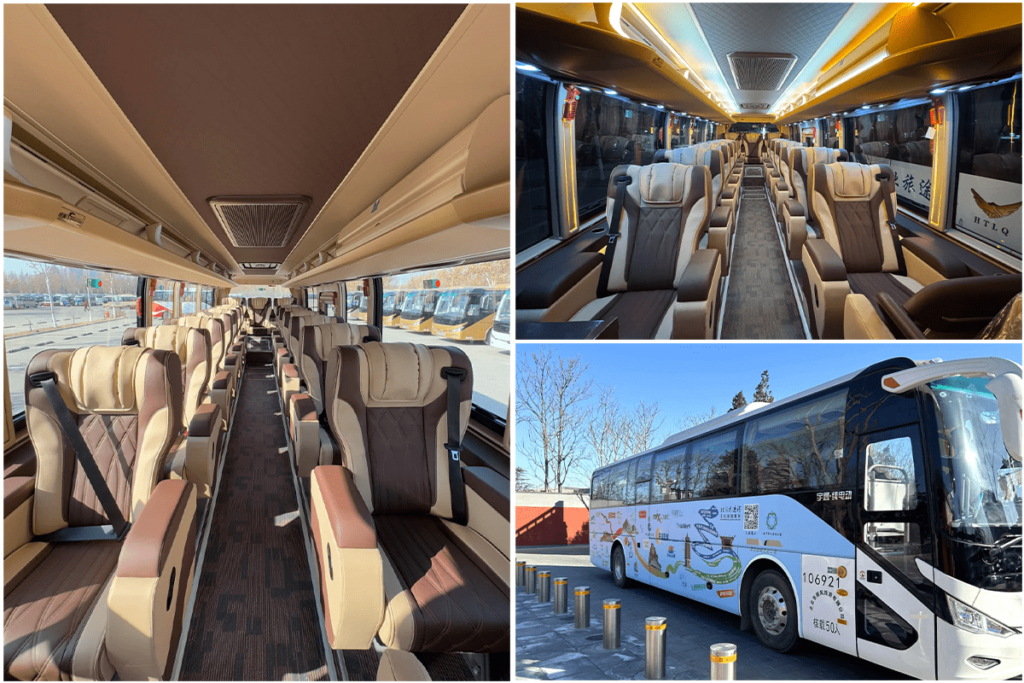 Collage of a private tour coach showing the bus exterior and a clean, comfortable interior with reclining seats and aisle lighting for a Chengdu–Leshan–Mount Emei trip.