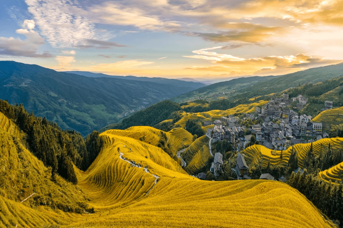 Sweeping view of the golden Longji rice terraces at sunset, with layered fields covering the hillsides and a traditional mountain village nestled among the terraces.