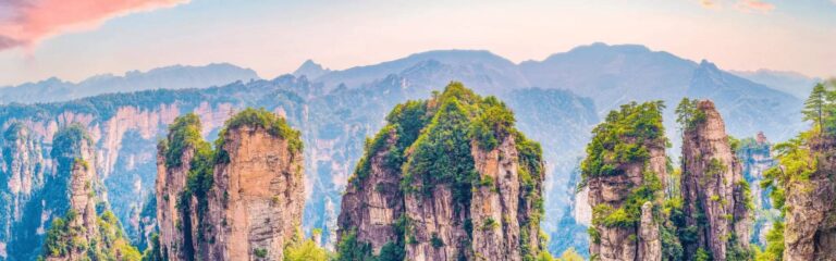 Towering sandstone pillars covered with pine trees in Zhangjiajie National Forest Park China