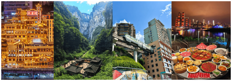 Night skyline, canyon, monorail, and hotpot in Chongqing.