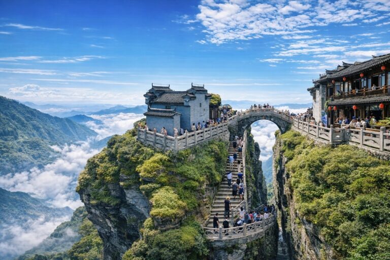 Stone bridge and temple on a mountain cliff above clouds.