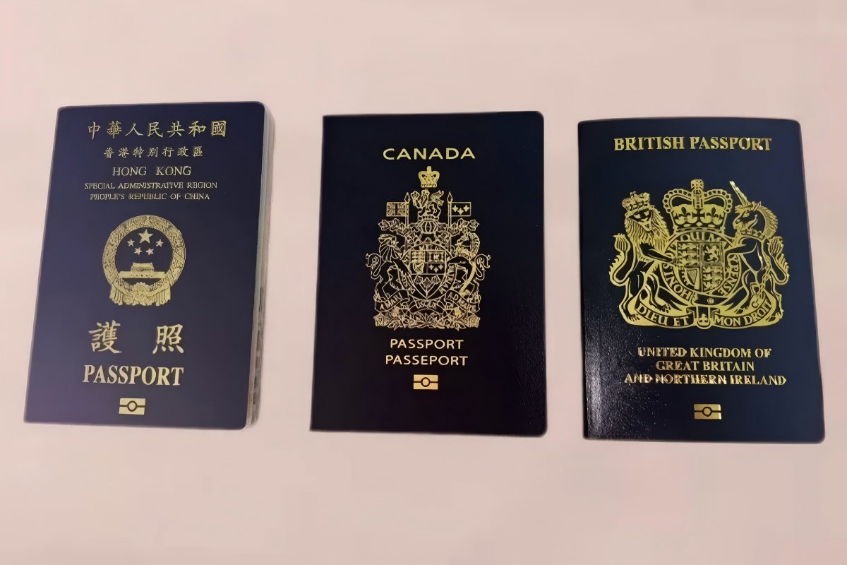 Hong Kong, Canada, and UK passports displayed side by side.