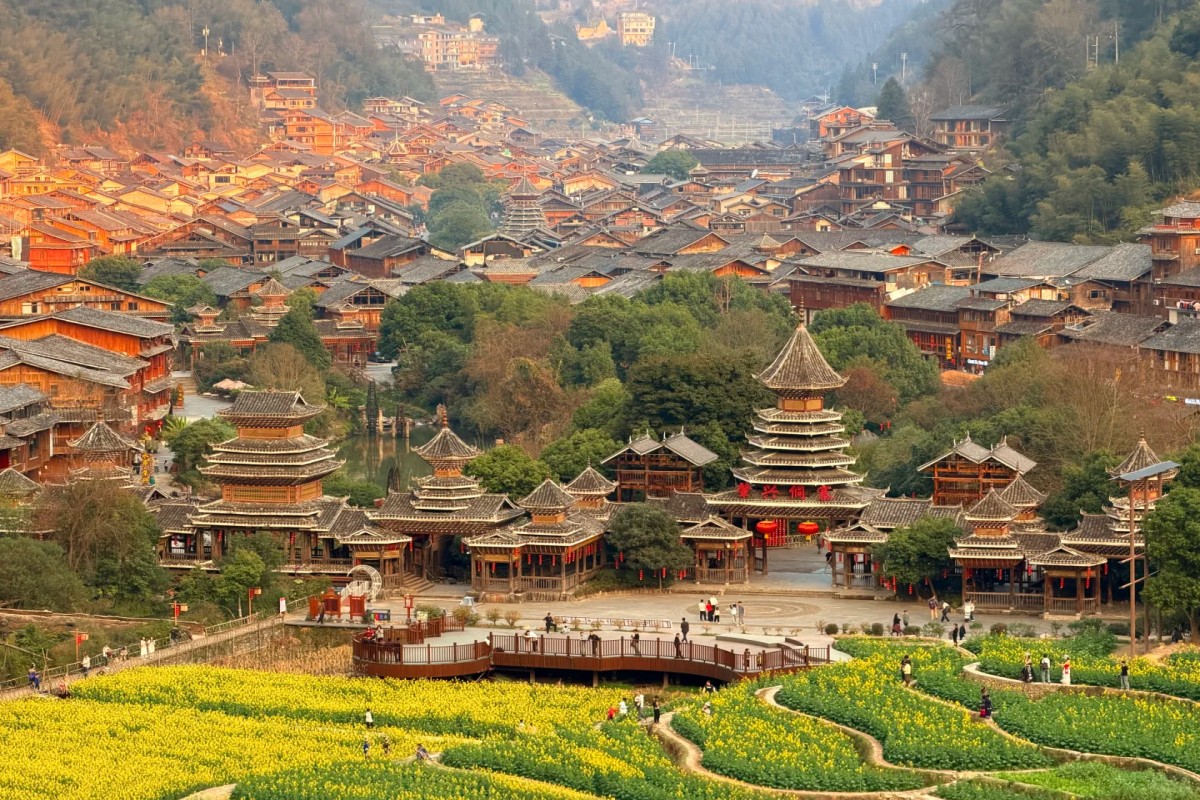 Traditional wooden houses and towers with yellow fields in a Miao village.