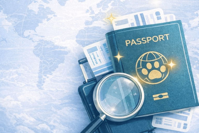 Passport with boarding pass and magnifying glass on world map background.