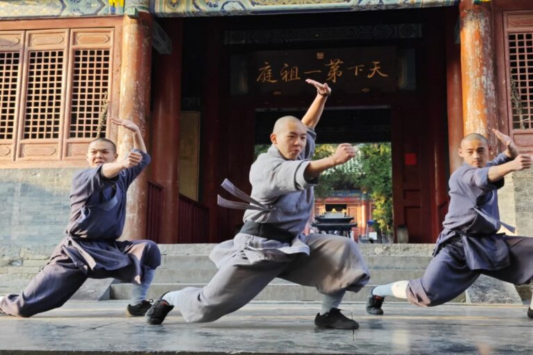 Shaolin monks performing martial arts in front of temple gate.
