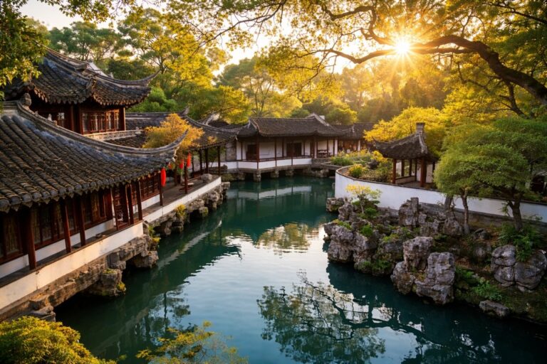Traditional Chinese garden with tiled pavilions and a serene pond at sunset.
