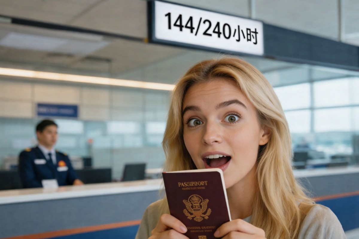 Traveler holding passport under China 144-hour visa-free transit sign.