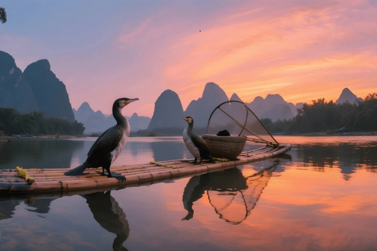 Cormorants on a bamboo raft during sunset on the Li River in Yangshuo.