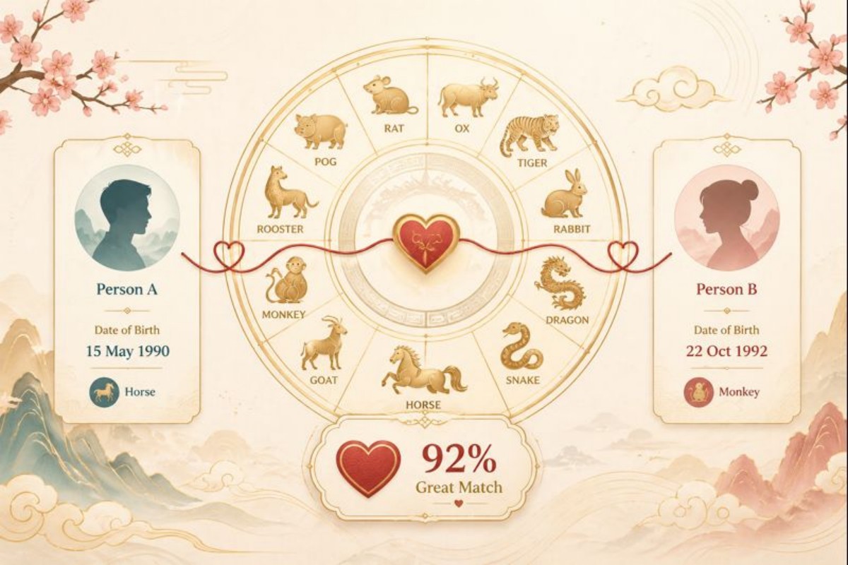Zodiac compatibility chart showing 92% love match between two people