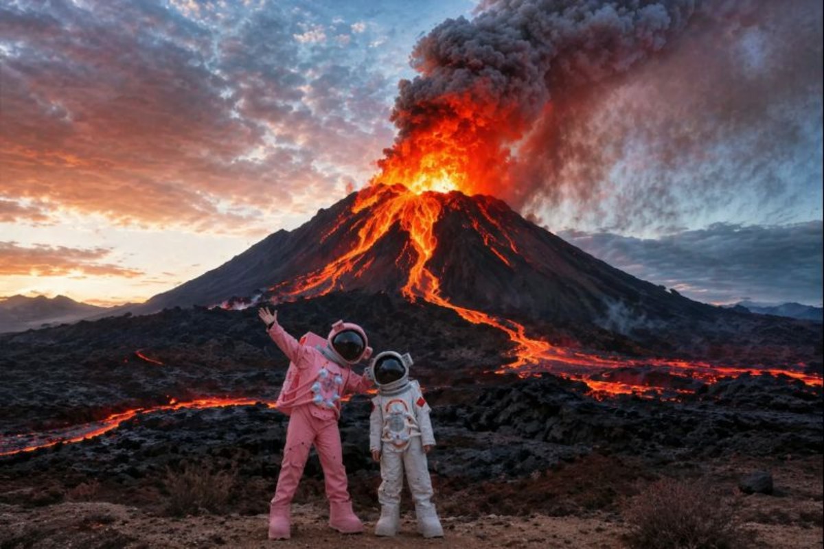 Fiery volcano eruption with flowing lava under dramatic sky