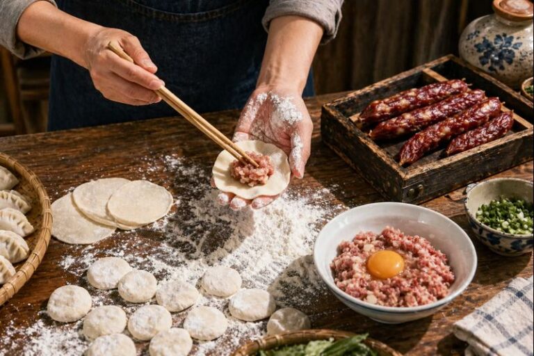 Hands filling dumplings with minced meat on floured table