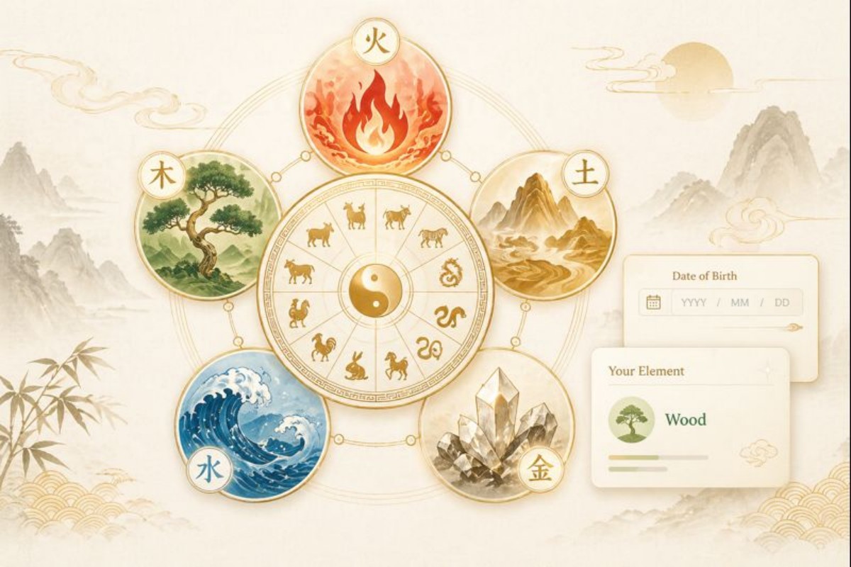 Kinesiskt femelementsdiagram med zodiakhjul och yin-yang-centrum