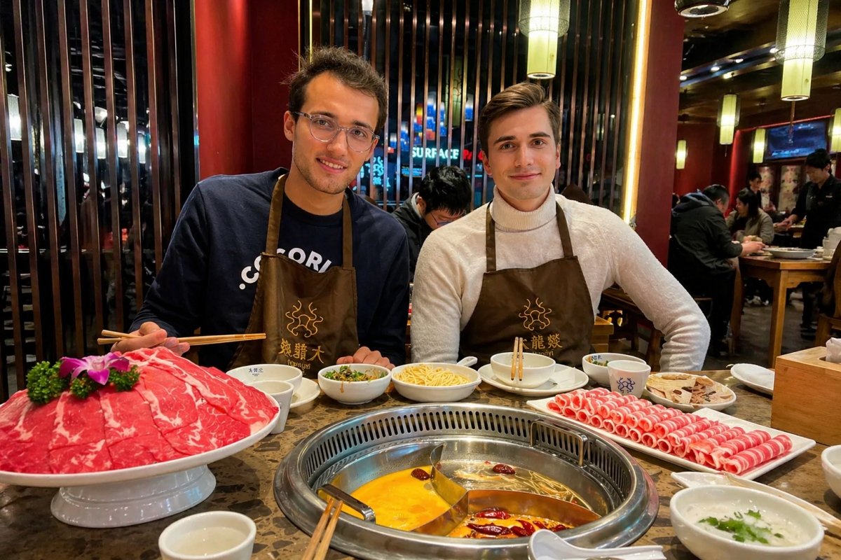 Two men dining with hot pot and fresh meat in a Chinese restaurant