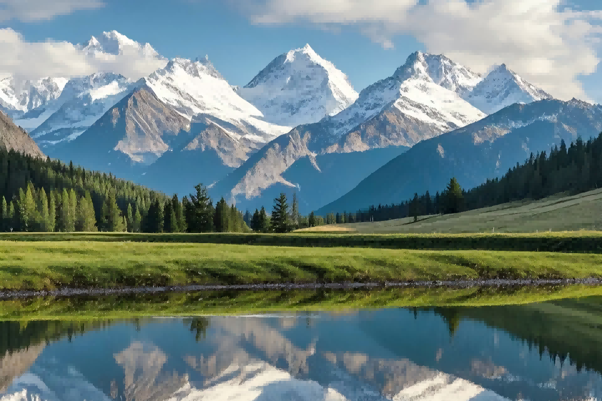 Snowy peaks reflected in lake with green valley