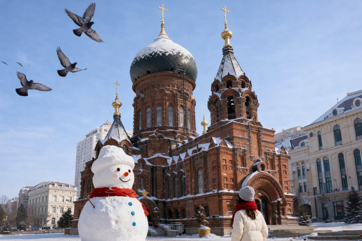 Snowman in front of St. Sophia Cathedral in Harbin during winter