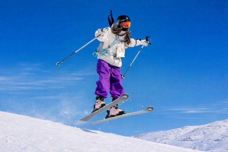 Skier jumping mid-air on a snowy mountain under clear blue sky