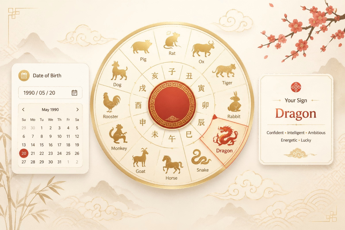 Chinese zodiac wheel with date picker and Dragon result display