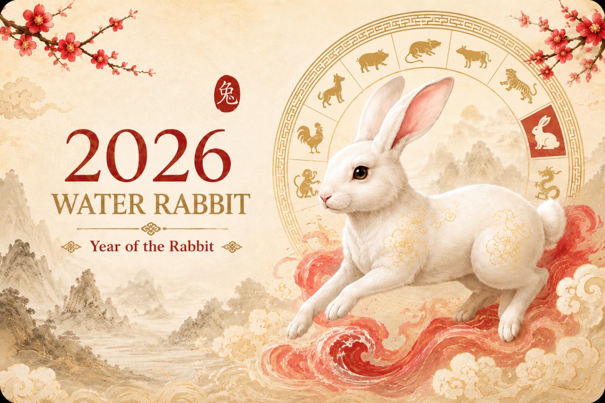 White rabbit with Chinese zodiac symbols celebrating the 2026 Year of the Rabbit
