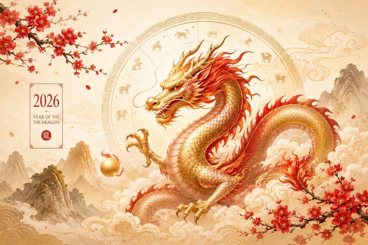Traditional red and gold Chinese dragon artwork celebrating the 2026 Year of the Dragon