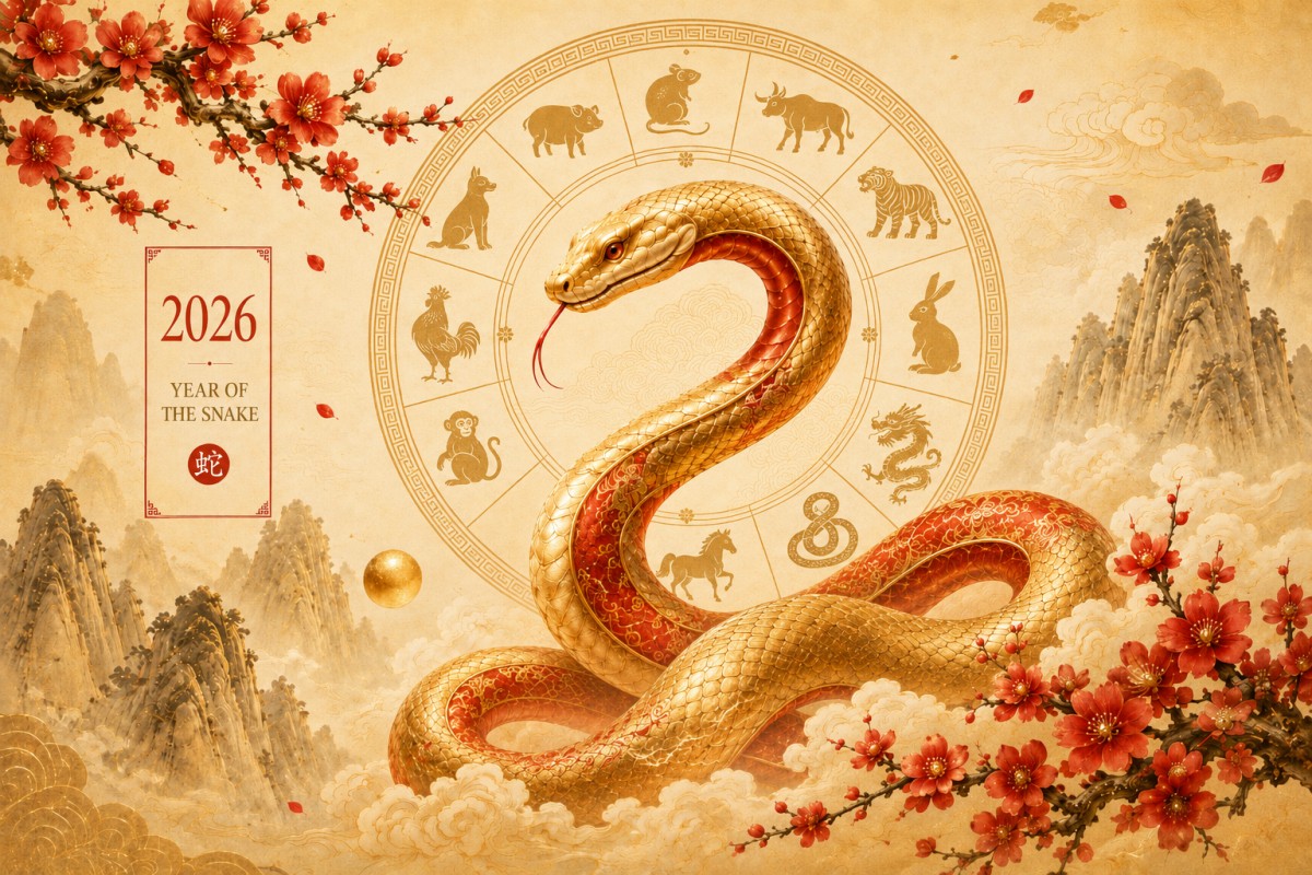 Golden snake illustration with Chinese zodiac symbols, red blossoms, and traditional mountains celebrating the 2026 Year of the Snake.