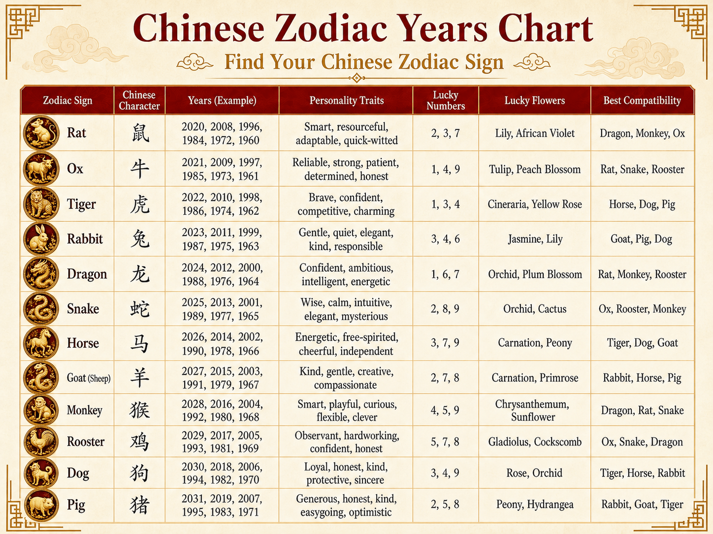 Detailed Chinese zodiac chart showing animal signs, personality traits, lucky numbers, flowers, and compatibility by birth year.