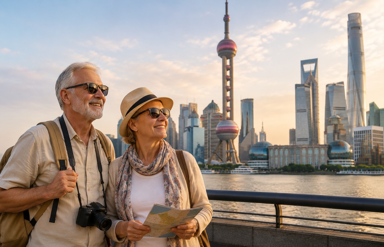 Senior travelers sightseeing along Shanghai’s waterfront with modern skyline in the background