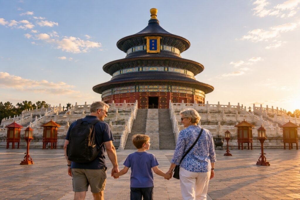 Family visiting the Temple of Heaven landmark in Beijing