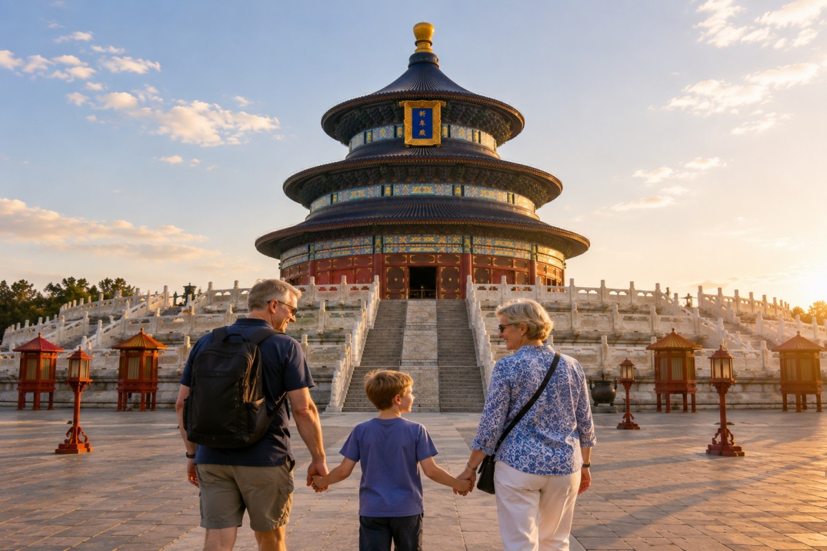 Family visiting the Temple of Heaven landmark in Beijing