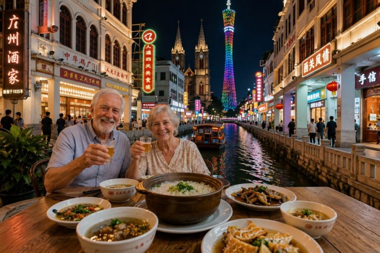 Senior couple enjoying dinner beside the river with the illuminated Canton Tower at night.