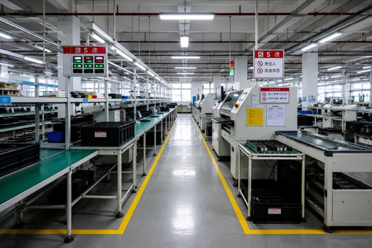 Clean electronics factory assembly line with automated machines, workstations, and organized production equipment.