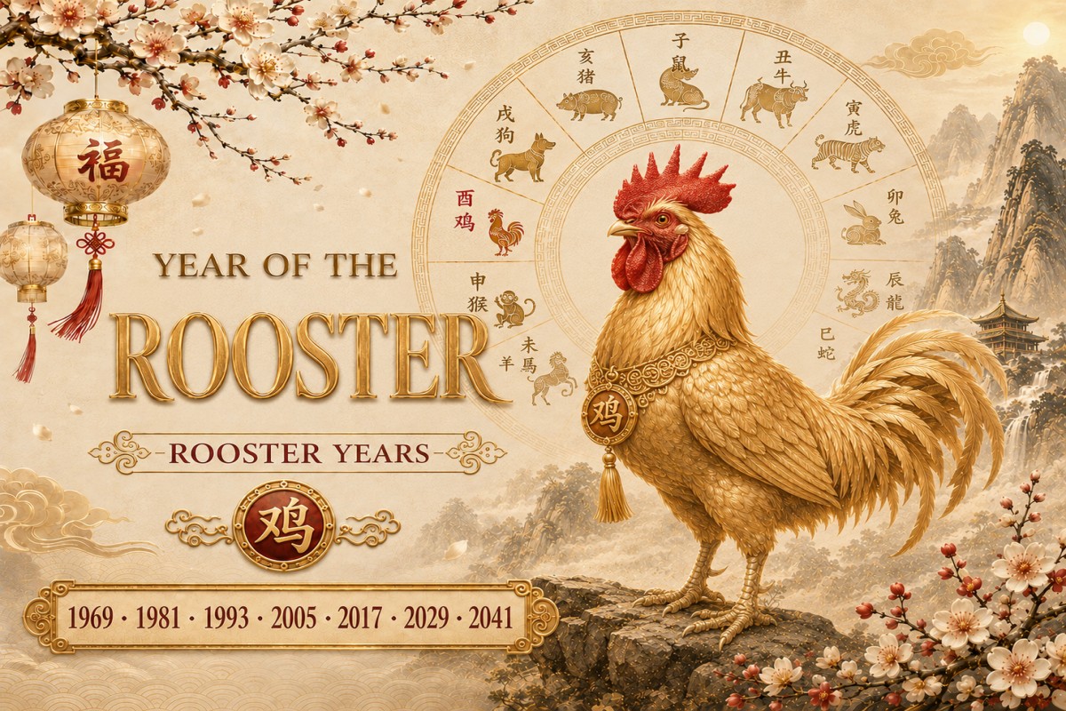 Golden Rooster representing the Chinese zodiac, showing lucky years 1969, 1981, 1993, 2005, 2017, 2029, 2041 with plum blossoms and festive decorations.