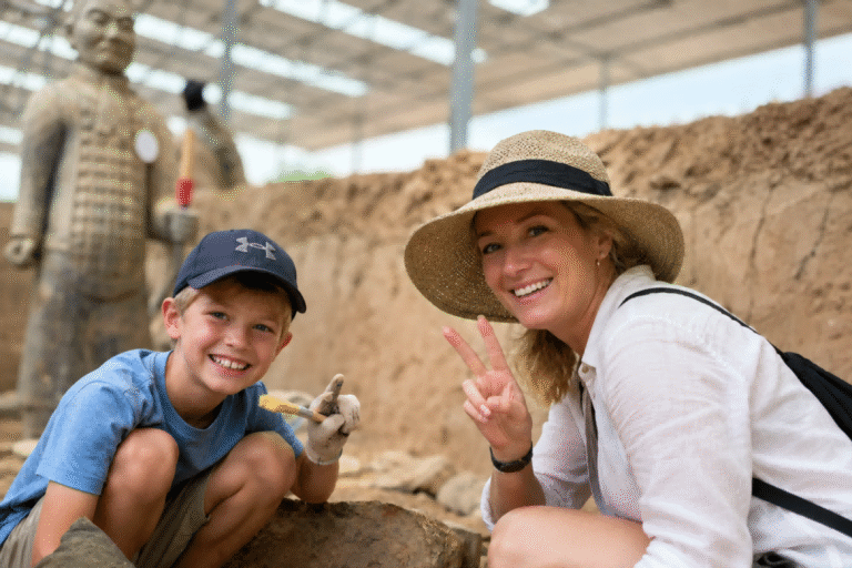Mother and son exploring the Terracotta Warriors archaeological site in Xi’an
