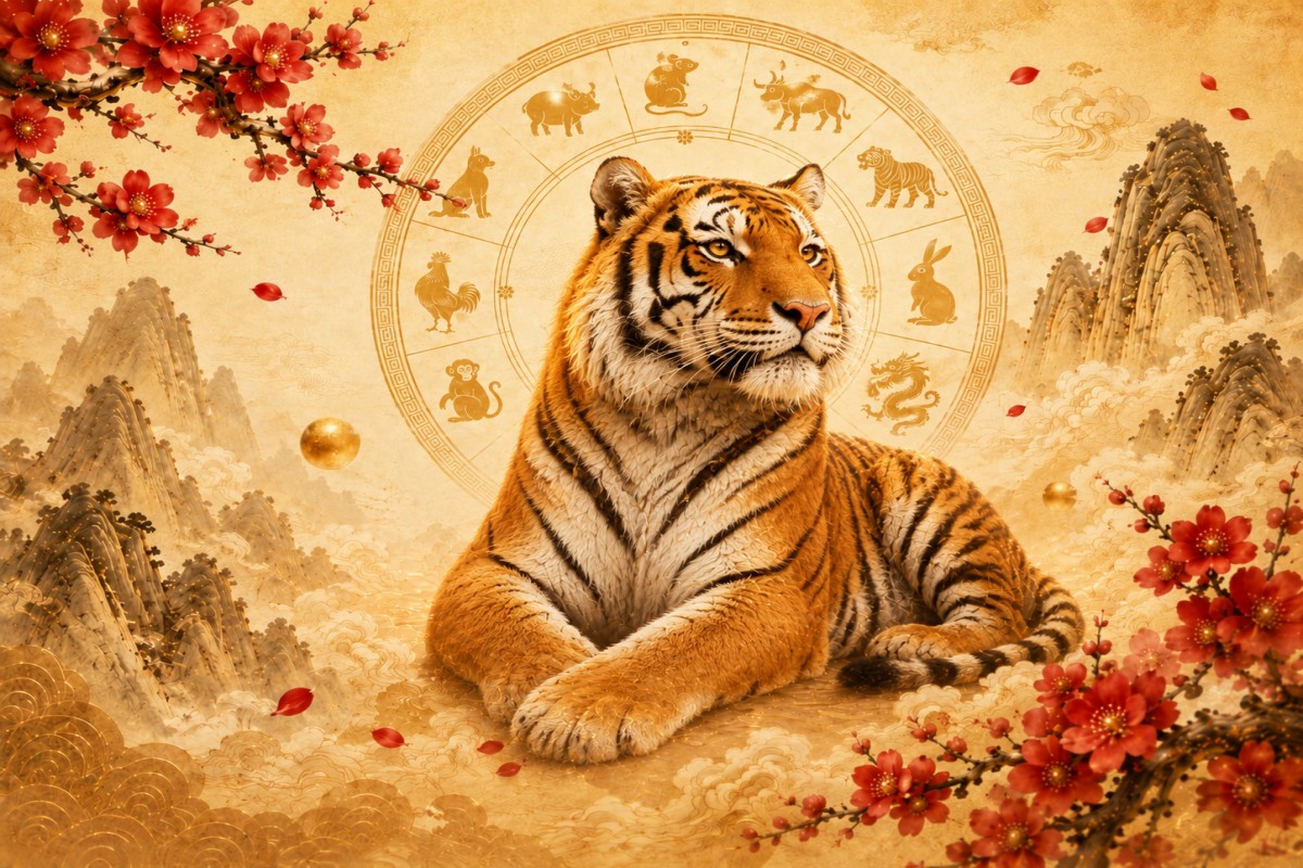 A majestic tiger sits calmly with a circular Chinese zodiac behind it, surrounded by red blossoms and golden clouds, representing strength and astrology.