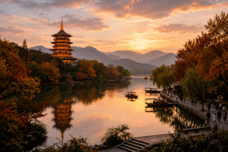 Traditional pagoda and boats on West Lake at sunset with autumn scenery and mountain backdrop