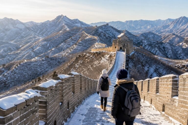 Travelers walking on the snow-covered Great Wall of China during winter in Beijing