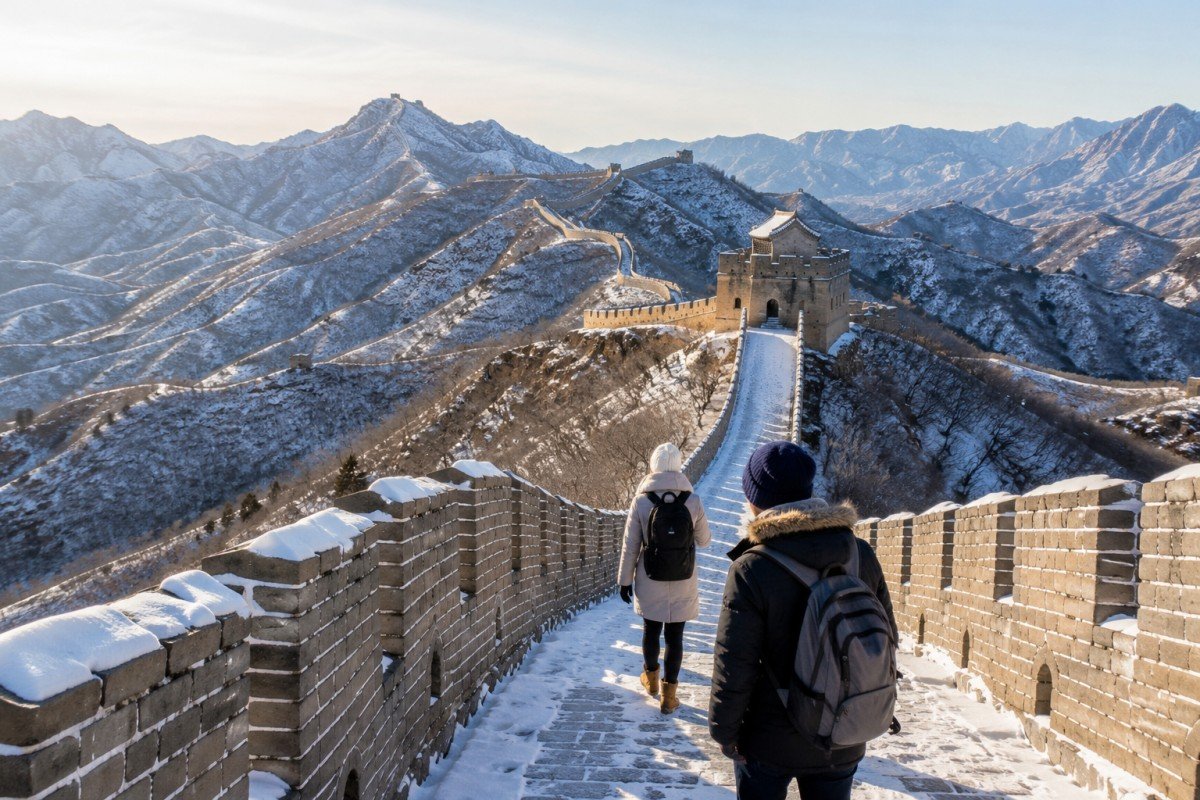 Travelers walking on the snow-covered Great Wall of China during winter in Beijing