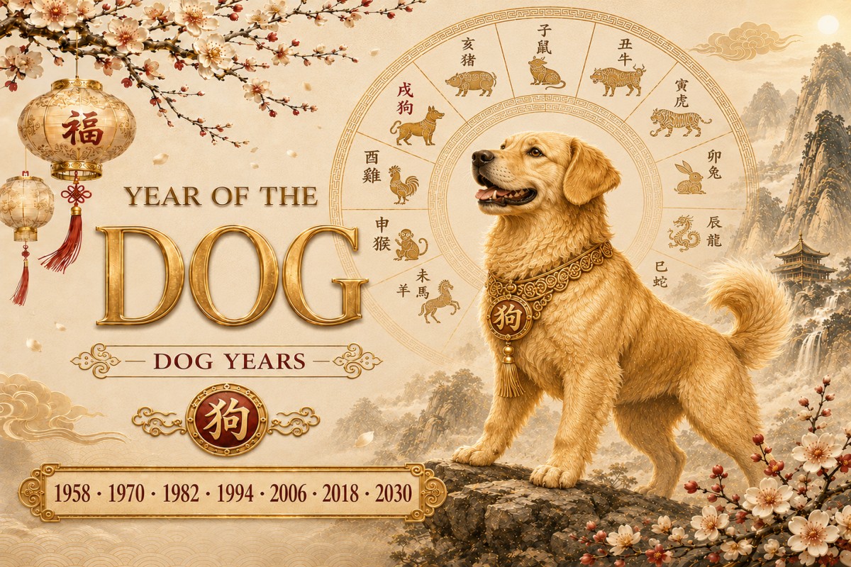 Golden dog representing the Chinese Zodiac, showing Dog year 1958–2030, decorated with Chinese symbols and plum blossoms, symbolizing luck and prosperity.