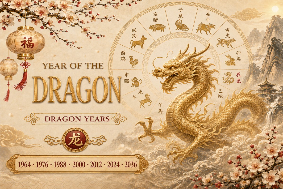 Golden dragon zodiac illustration with lanterns, blossoms, and Dragon years 1964–2036.