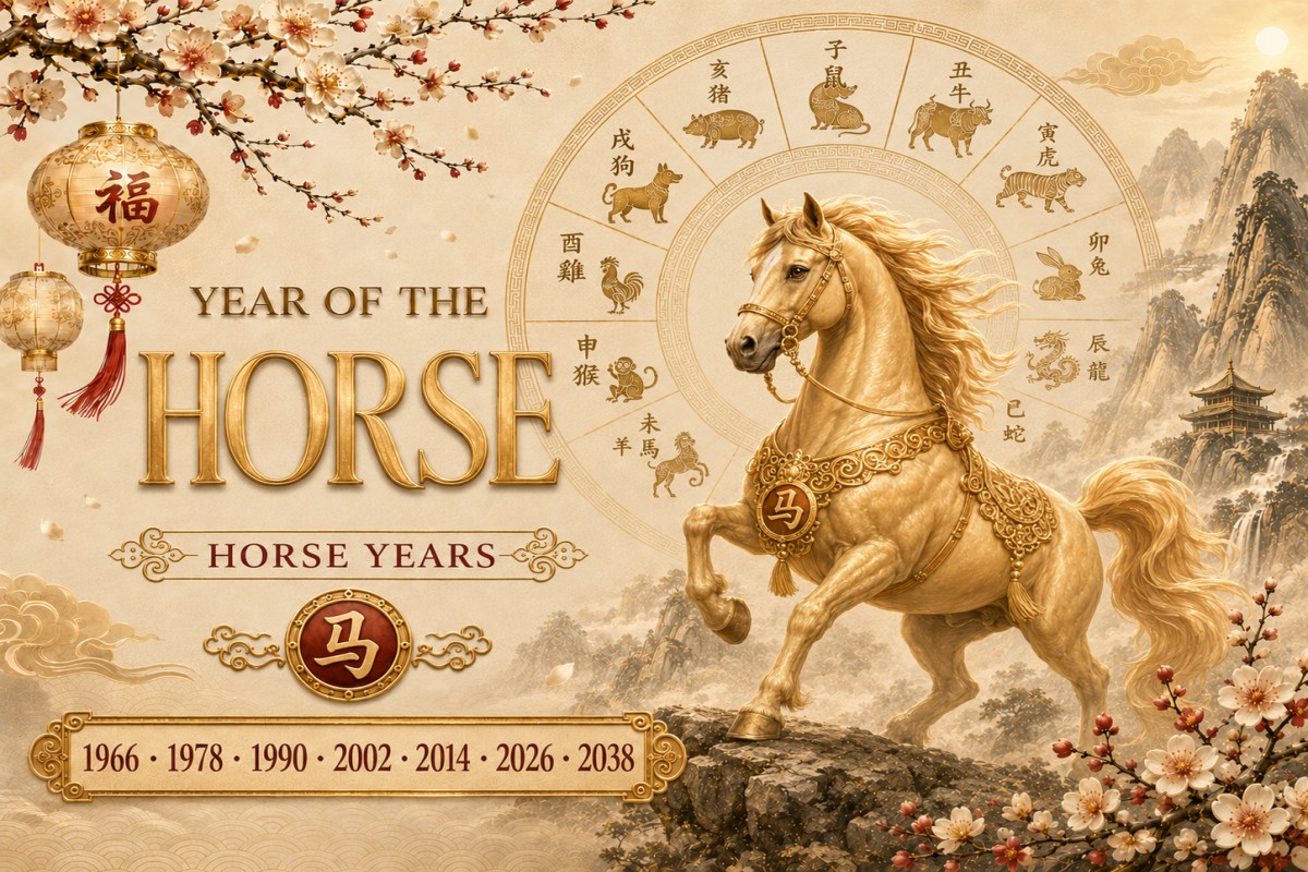Golden horse zodiac artwork with lanterns, zodiac wheel, and horse years in a traditional Chinese landscape.