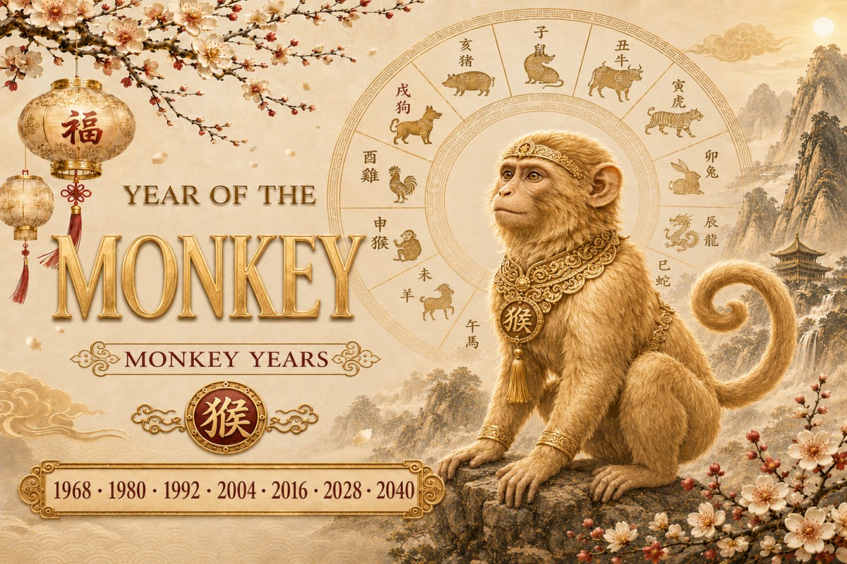 Golden monkey zodiac artwork with Chinese lanterns, zodiac wheel, and lucky monkey years in a traditional Chinese landscape.