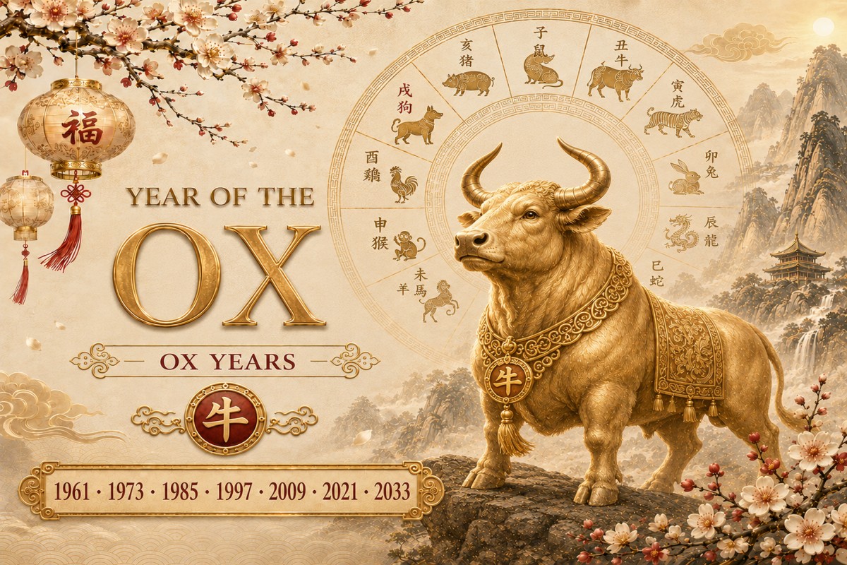 Golden ox zodiac artwork with lanterns, zodiac wheel, and ox years in a traditional Chinese landscape.