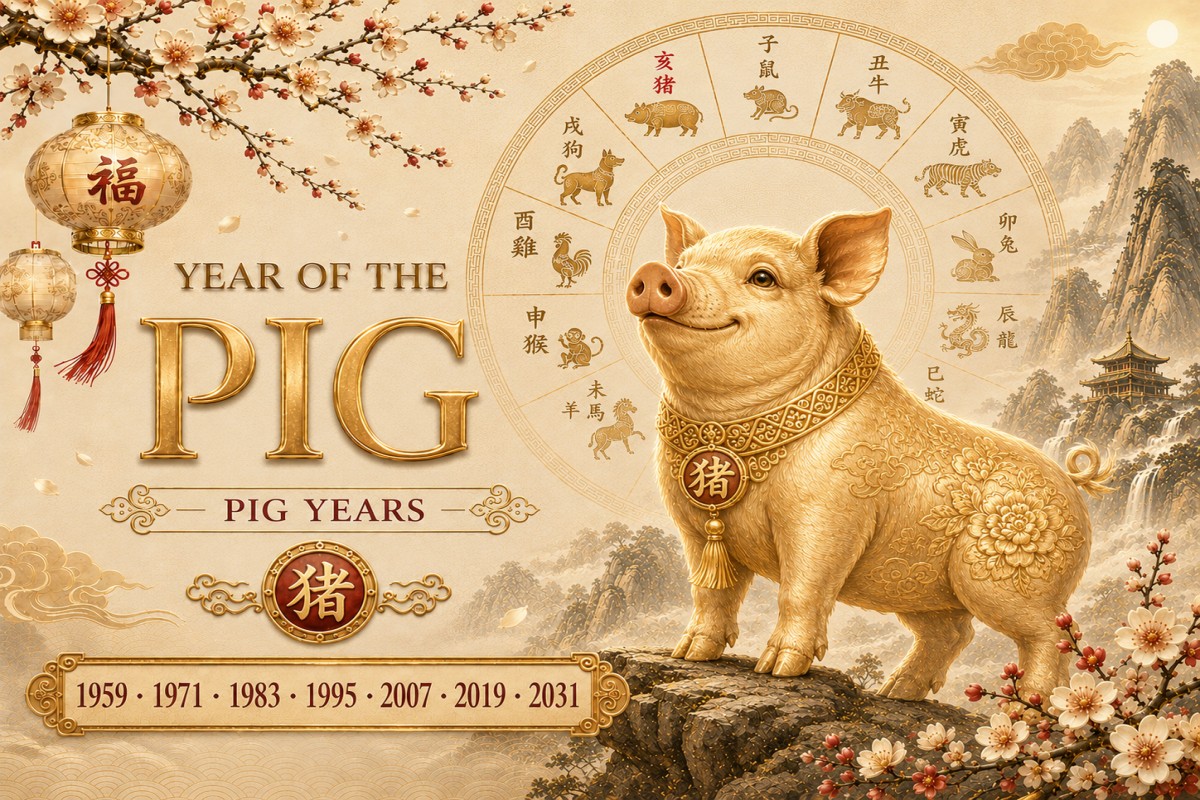 Golden pig zodiac illustration with lanterns, blossoms, and Pig years 1959–2031.