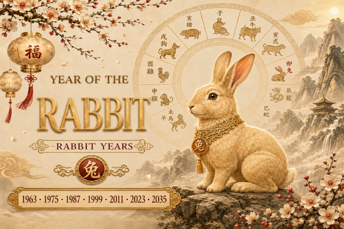 Golden rabbit zodiac illustration with lanterns, blossoms, and Rabbit years 1963–2035.