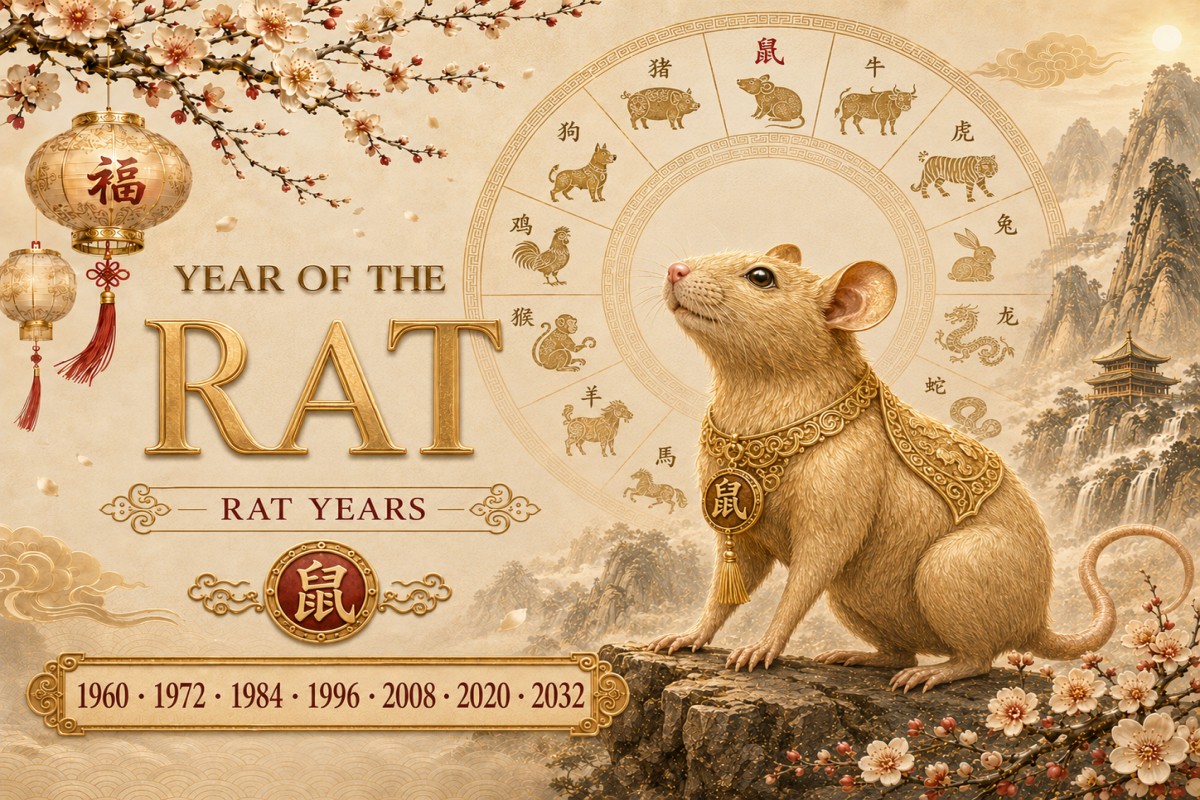 Golden rat zodiac illustration with lanterns, blossoms, and Rat years 1960–2032